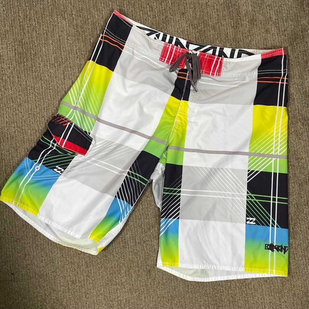 Billabong Board Shorts Mens 38 Multicolor Plaid Cargo Pocket Swim Trunks‎ Surf
